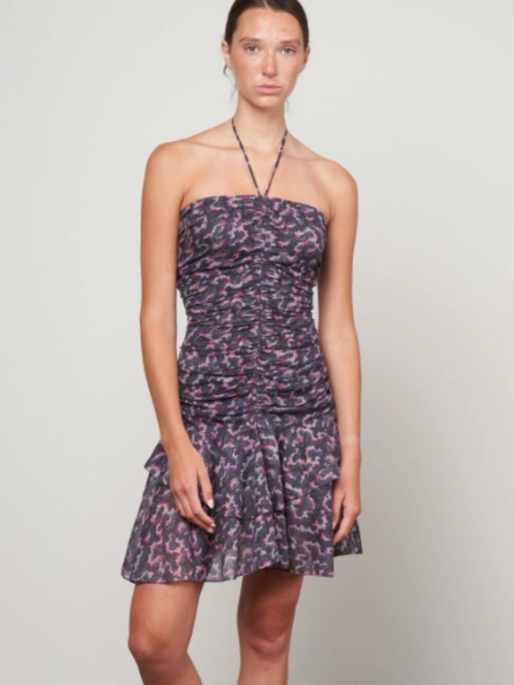 Isabel Étoile Marant Ilanka Ruched Mini Dress Black Pink Purple FR 38 US 6 S/M